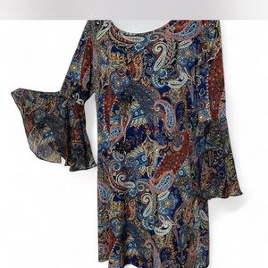 Blue and Brown Sheath Dress with Bell Sleeves